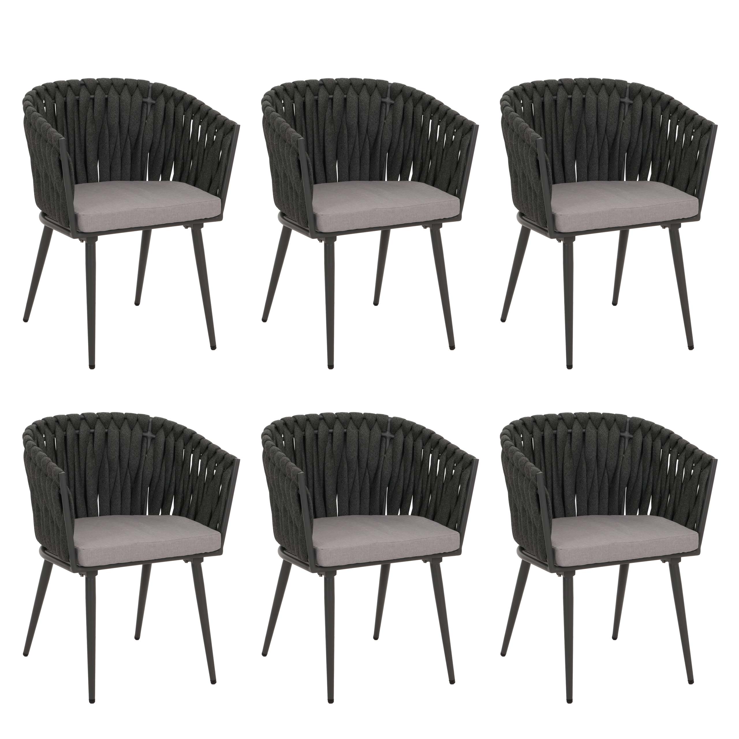 Lot de 6 chaises de salle à manger en aluminium corde tressée anthracite et coussins gris clair 04_0009745