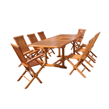 Table rectangulaire 6 chaises et 2 fauteuils en teck huilé NARRA