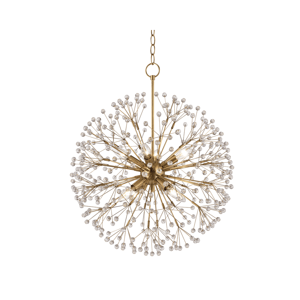 Hudson Valley Dunkirk 8 Light Chandelier, a spherical dandelion burst of brass rods tipped with faceted crystal balls, studio shot on white.