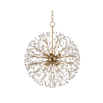 Hudson Valley Dunkirk 8 Light Chandelier, a spherical dandelion burst of brass rods tipped with faceted crystal balls, studio shot on white.