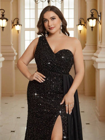 SHEIN Belle Plus Size Women's Evening Dress With Beaded Patchwork, Dramatic Train And Cascade Formal Dress