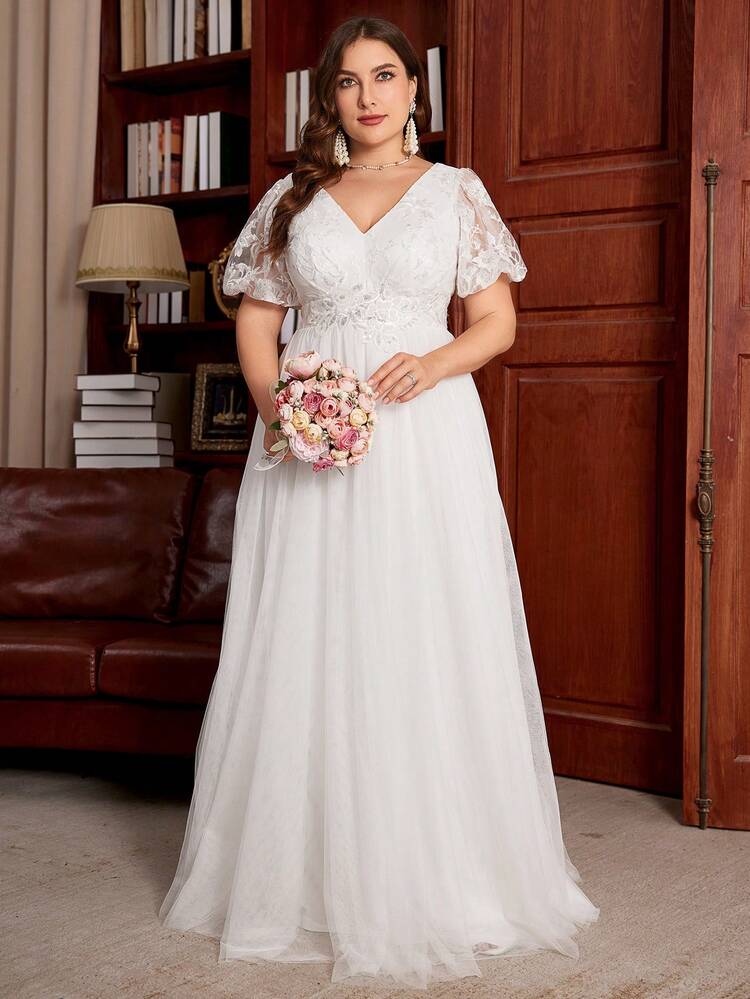 Plus Size V-Neck Puff Sleeve Waist Sequin Floral Decor Mesh Wedding Dress, Bridal, All White Party Dress For Women