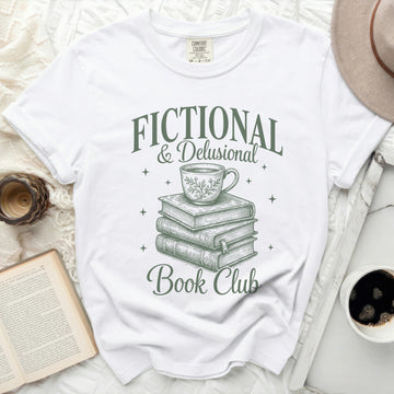 White t-shirt with "Fictional & Delusional Book Club" text.