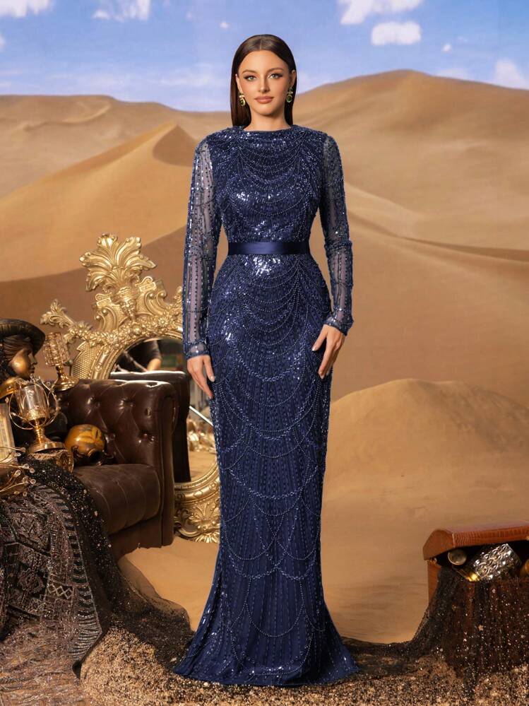 Faeriesty Haute Glamour Gorgeous Elegant Sequin-Beaded Evening Dress | Formal  Dress For Luxury Weddings, Black-Tie Events, Birthday Women Outfits, Or  Celebrity-Style Parties