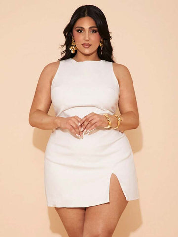 SHEIN BAE Plus Size Women's Elegant Solid Color Sleeveless Open Slit Empire Waist Summer Dress,Birthday Dresses For Women