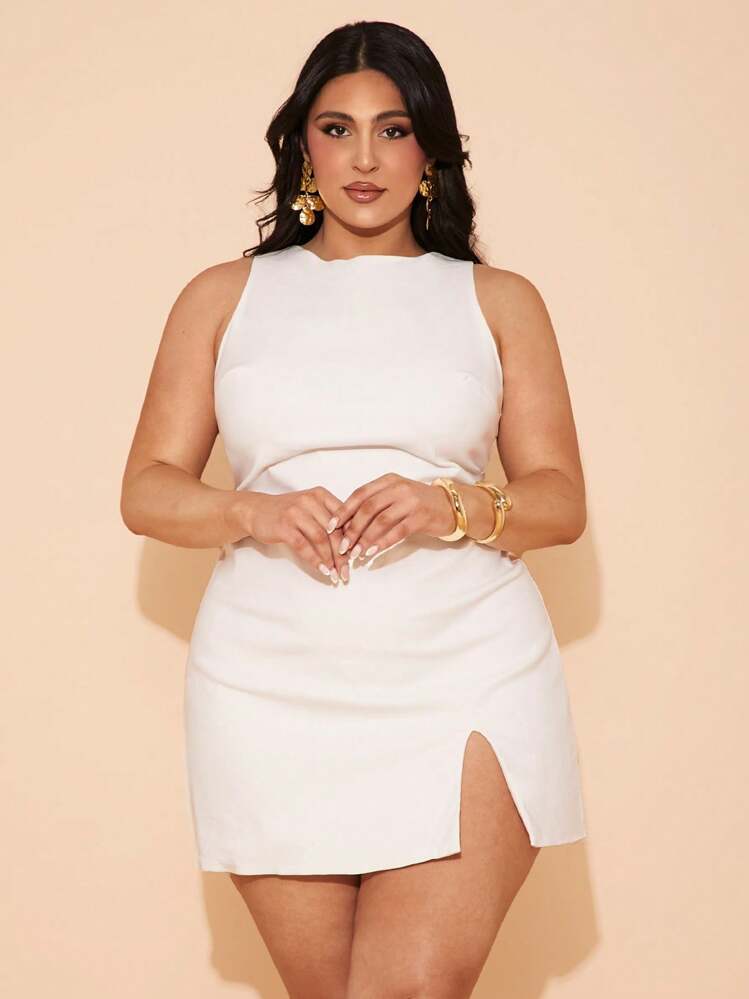 SHEIN BAE Plus Size Women's Elegant Solid Color Sleeveless Open Slit Empire Waist Summer Dress,Birthday Dresses For Women