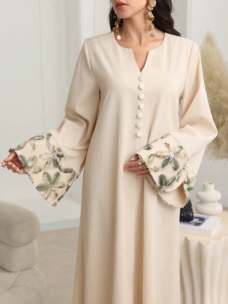 Al Najma Women's Apricot Long Sleeve Floral Mesh Elegant Arabic Dress,  Spring/Autumn, Jalabiya Kaftan Dress
