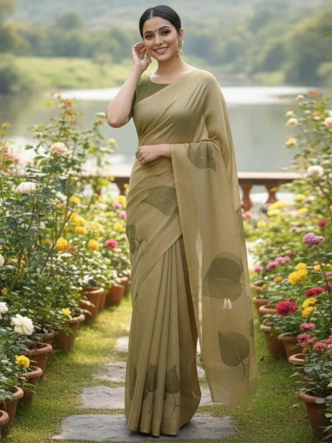 Elegant Green Cotton Silk Saree with Leaf Print Design - Image 1