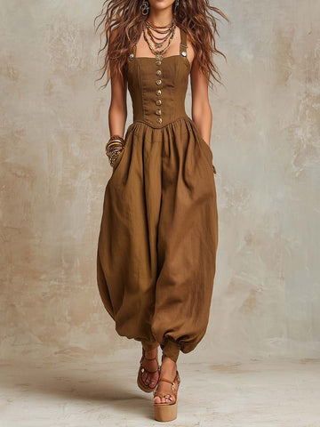 Bohemian  Cotton-Linen Corset Balloon-Leg Jumpsuit