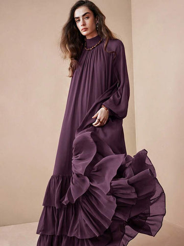 Arave Women's Elegant Dark Purple Maxi Dress,Autumn Modest Tiered Ruffle  Chiffon Gown,High Neck Bishop Sleeve Loose Floor-Length Dining Party  Bohemian Fit