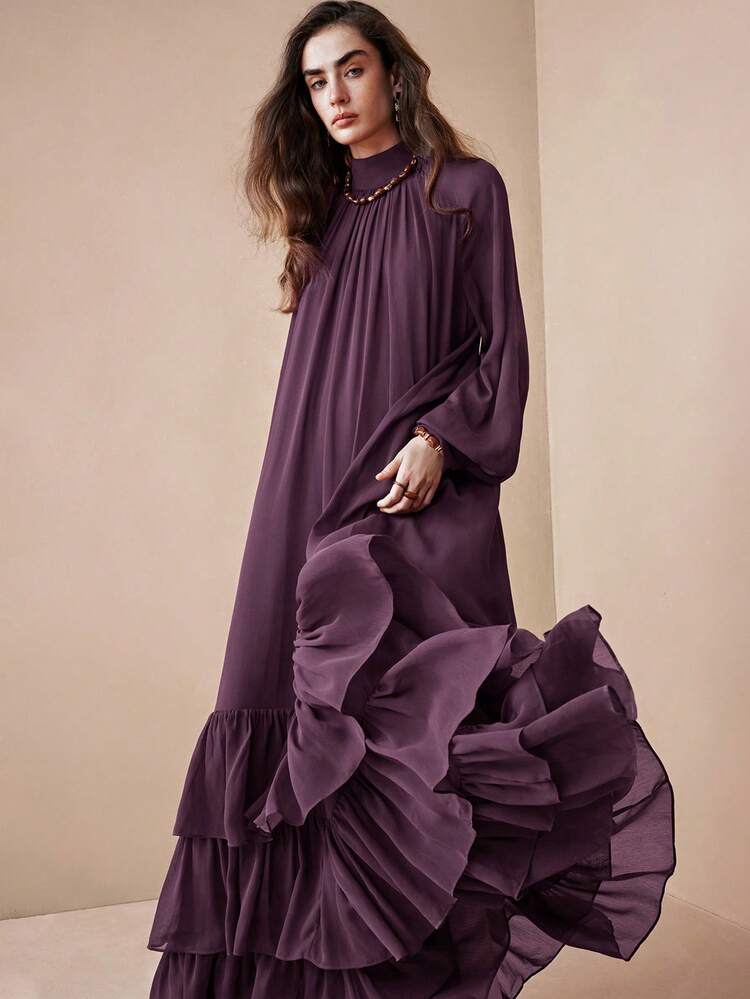 Arave Women's Elegant Dark Purple Maxi Dress,Autumn Modest Tiered Ruffle  Chiffon Gown,High Neck Bishop Sleeve Loose Floor-Length Dining Party  Bohemian Fit