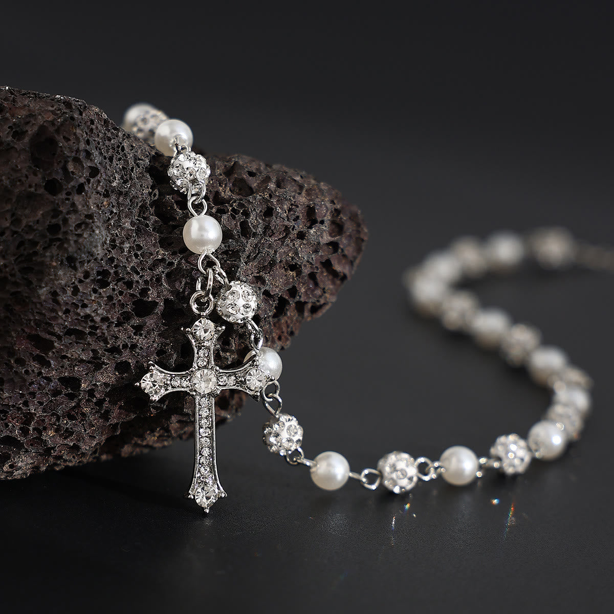 Christianartworkshop Alternating Pearl & Pave Crystal Bead Rosary-Style Cross Necklace: A Symbol of Sacred Devotion - Cross - image 0