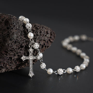 Christianartworkshop Alternating Pearl & Pave Crystal Bead Rosary-Style Cross Necklace: A Symbol of Sacred Devotion - Cross - image 0