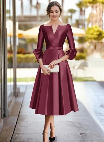 Long Sleeve Calf Length Cocktail Dress Missacc Cabernet Cocktail Dresses A- Line 3/4 Sleeves Tea-