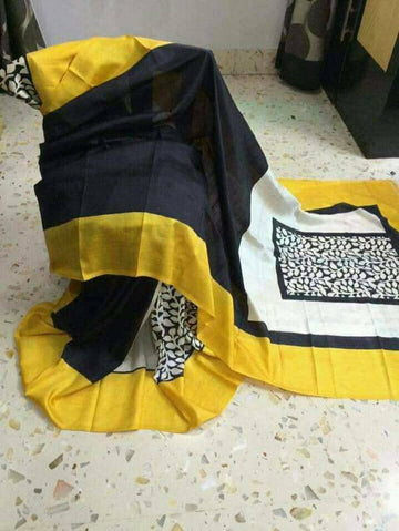 Black Yellow Block Printed Pure Silk Mark Certified Bishnupuri Silk Sarees - Dailybuyys