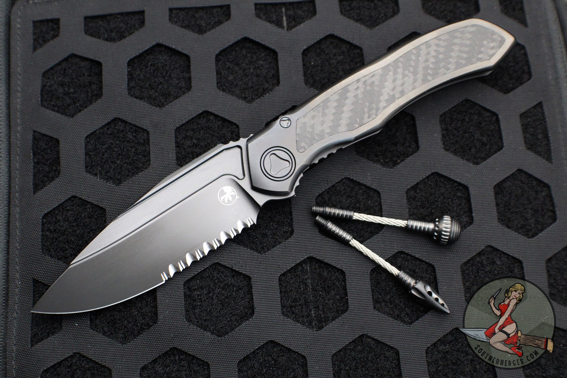 Microtech Anax- Black DLC Single Edge- DLC Finished Titanium Handle with Carbon Fiber Inlay- Part Serrated Blade- Dual Lanyard 190C-2 DLCTCFTI