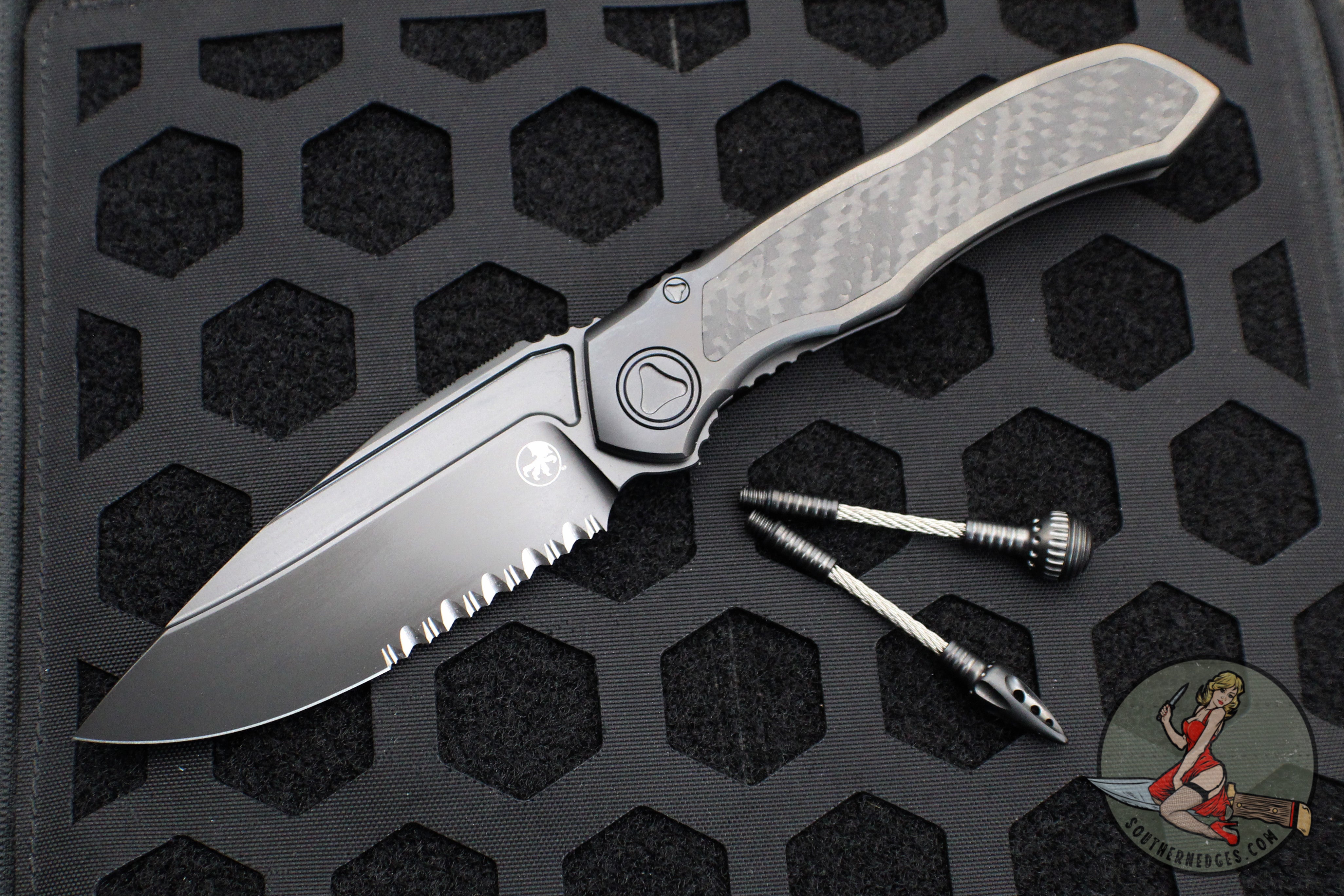 Microtech Anax- Black DLC Single Edge- DLC Finished Titanium Handle with Carbon Fiber Inlay- Part Serrated Blade- Dual Lanyard 190C-2 DLCTCFTI