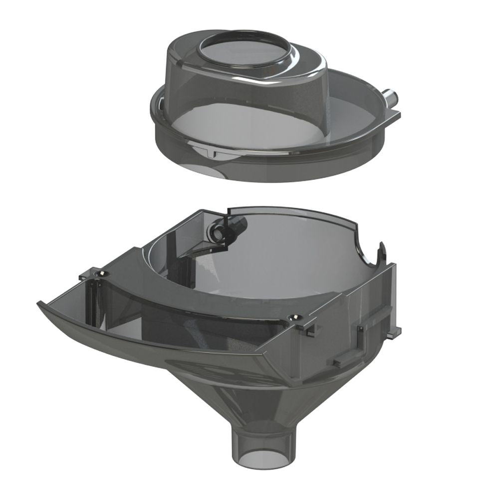 Die transparente mechanische Komponente, ähnlich dem Formula Pro Advanced Trichterset von Babybrezza.de, verfügt über eine trichterförmige Basis und einen runden oberen Abschnitt, die nahtlos ineinander passen und einem Ersatzteil für ein fortschrittliches Flüssigkeits- oder Materialhandhabungssystem ähneln.