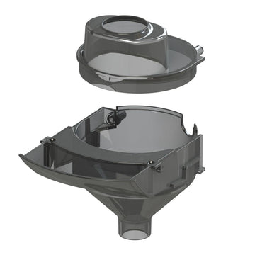 Die transparente mechanische Komponente, ähnlich dem Formula Pro Advanced Trichterset von Babybrezza.de, verfügt über eine trichterförmige Basis und einen runden oberen Abschnitt, die nahtlos ineinander passen und einem Ersatzteil für ein fortschrittliches Flüssigkeits- oder Materialhandhabungssystem ähneln.