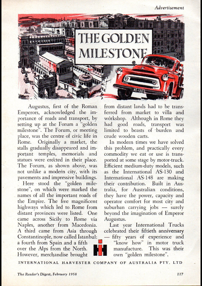 1958 INTERNATIONAL HARVESTER THE GOLDEN MILESTONE AUSSIE REPRO AD ART PRINT POSTER