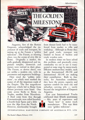 1958 INTERNATIONAL HARVESTER THE GOLDEN MILESTONE AUSSIE REPRO AD ART PRINT POSTER