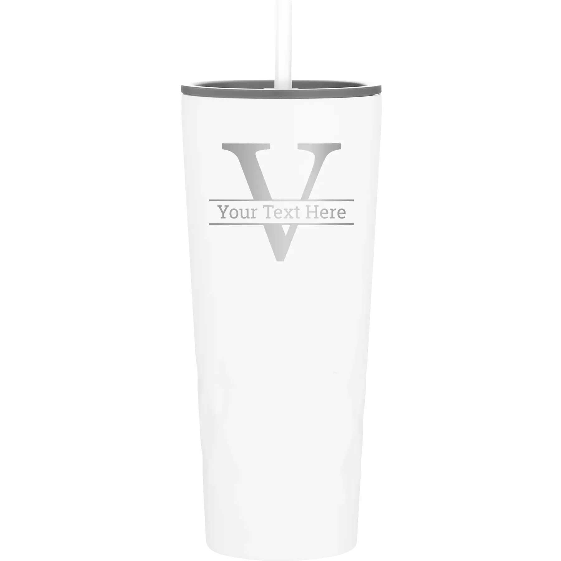 Personalized white 20 oz vacuum insulated tumbler with 'Monogram letter V' design