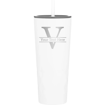Personalized white 20 oz vacuum insulated tumbler with 'Monogram letter V' design