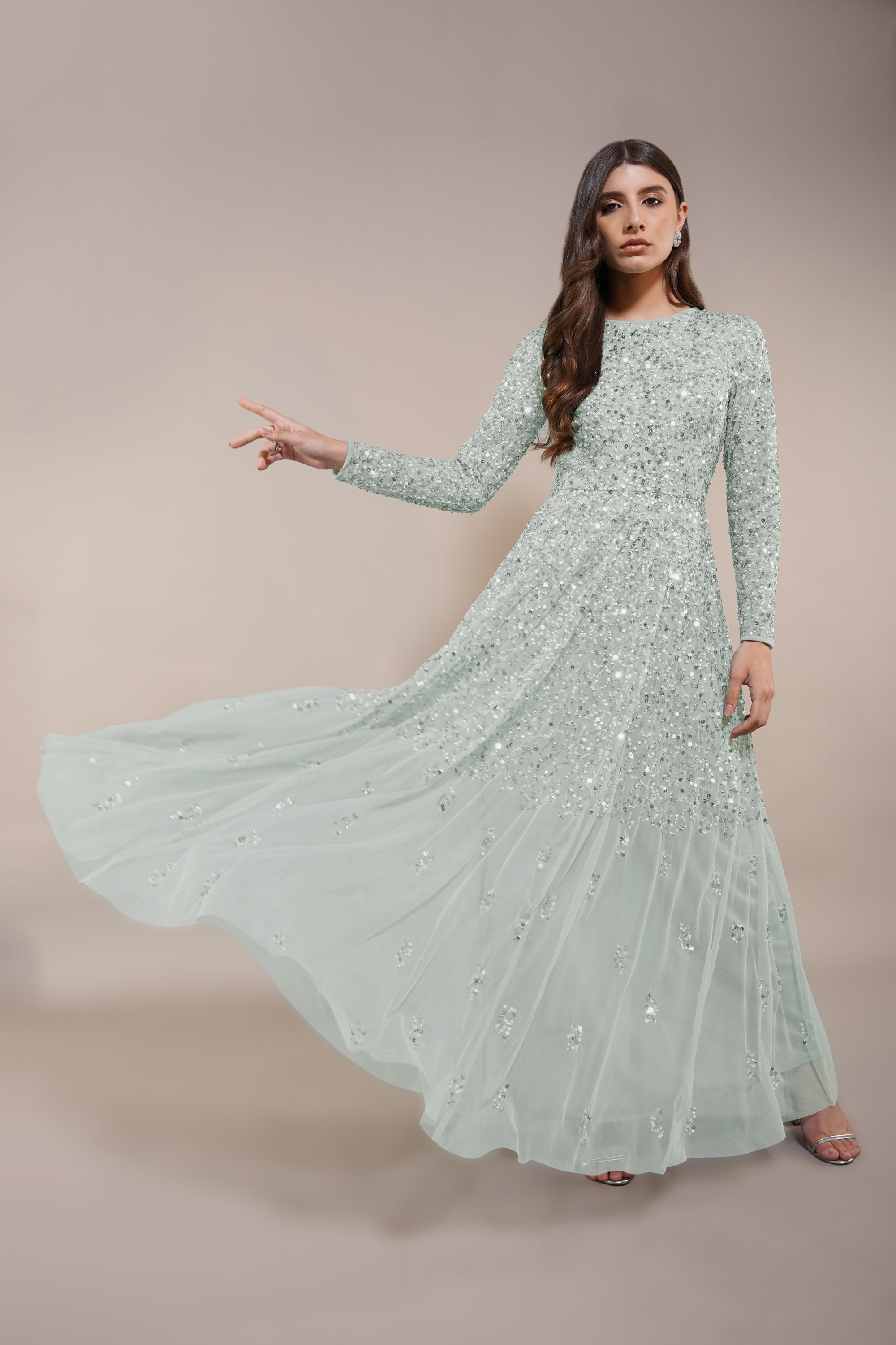 Embellished bridesmaid modest sage green maxi dress long-sleeves