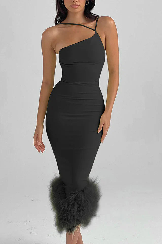 One Shoulder Halter Fur Swing Dress