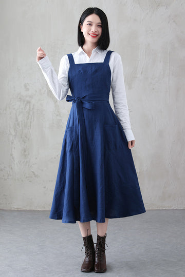 Blue Linen Midi Pinafore Dress - Flowy A-Line with Side Pockets 3844