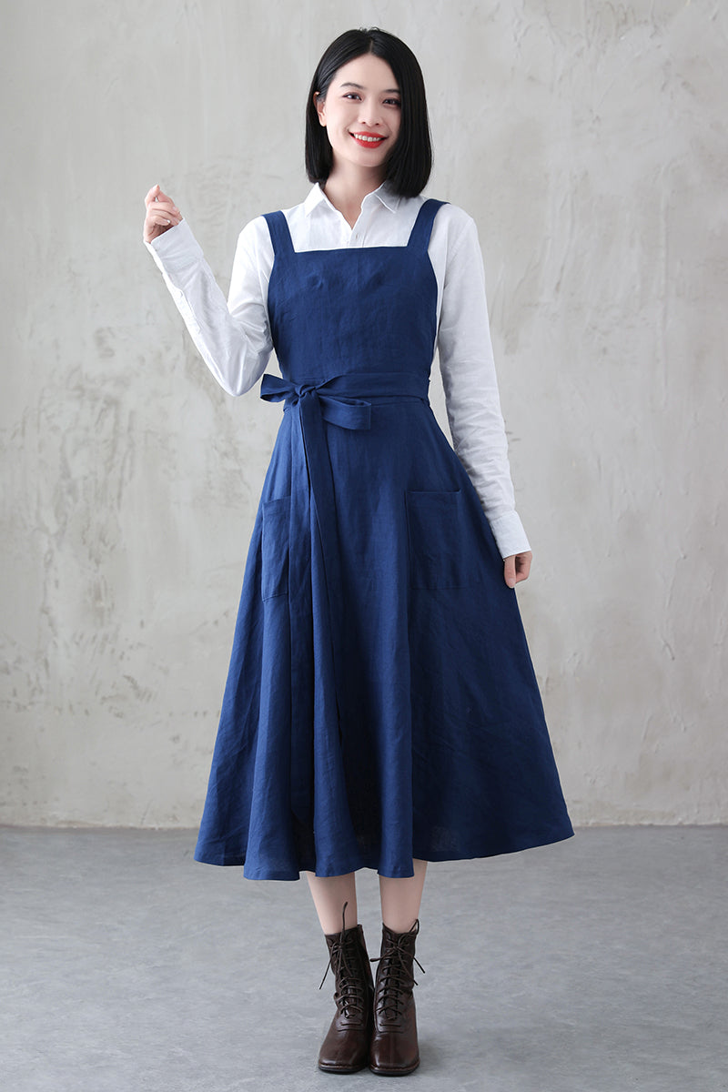 Blue Linen Midi Pinafore Dress - Flowy A-Line with Side Pockets 3844