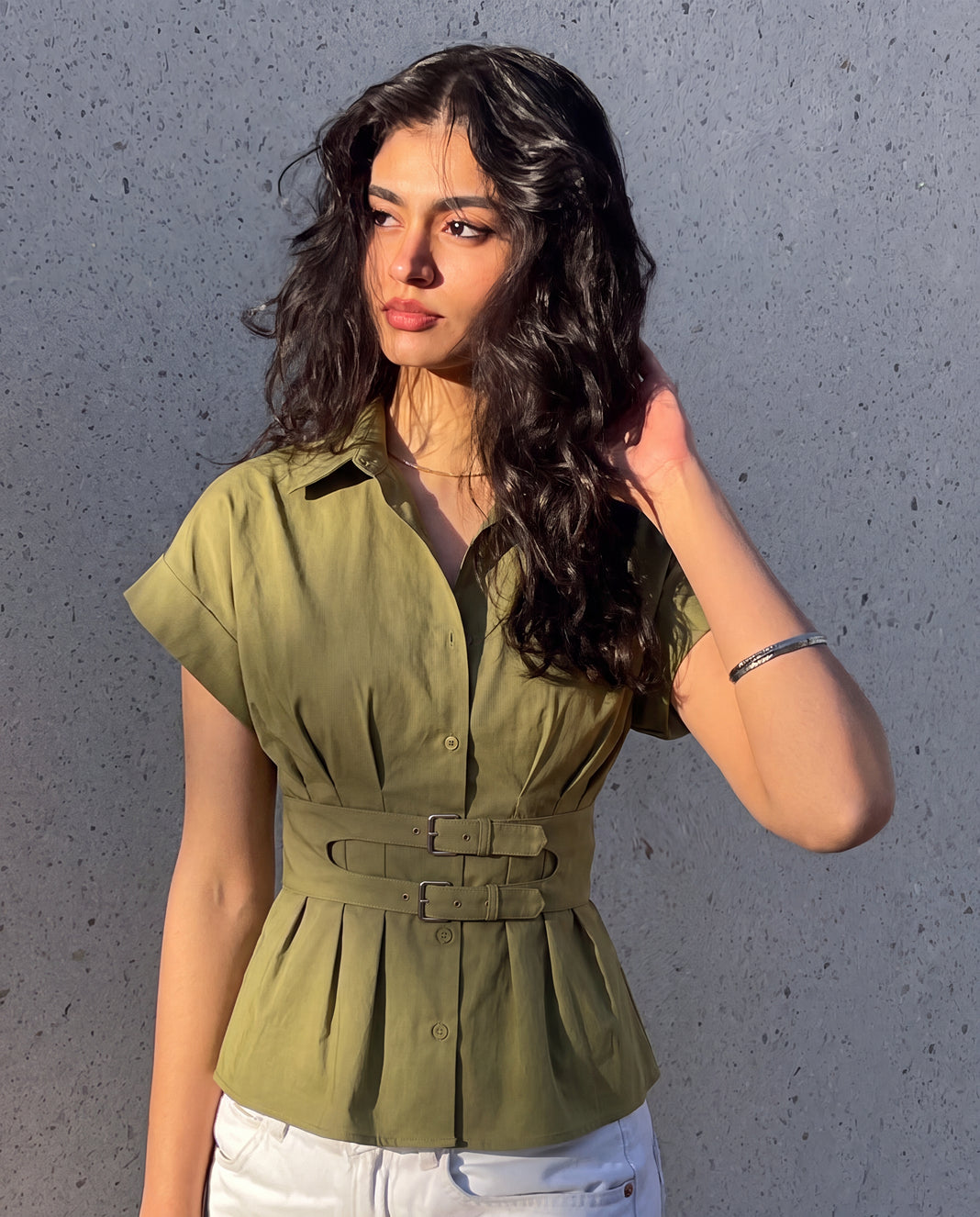 Olive Pleated Belted Shirt