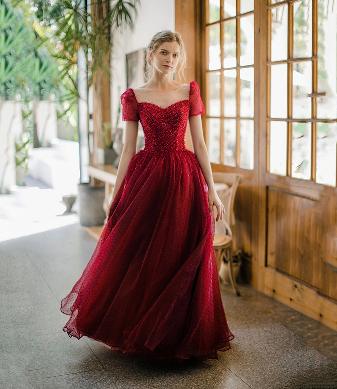 Burgundy Sparkling Beaded A-line Long Tulle Elegant Ball Gown Evening Dress 8645