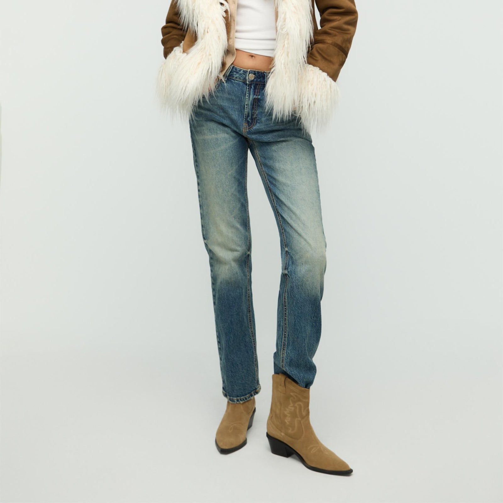 Camel Faux Suede Almond-Toe Embroidery Detail Ankle Cowgirl Boots