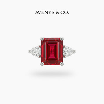 Emerald Pear Trilogy Ring with Red Emerald Stone – on White Gold