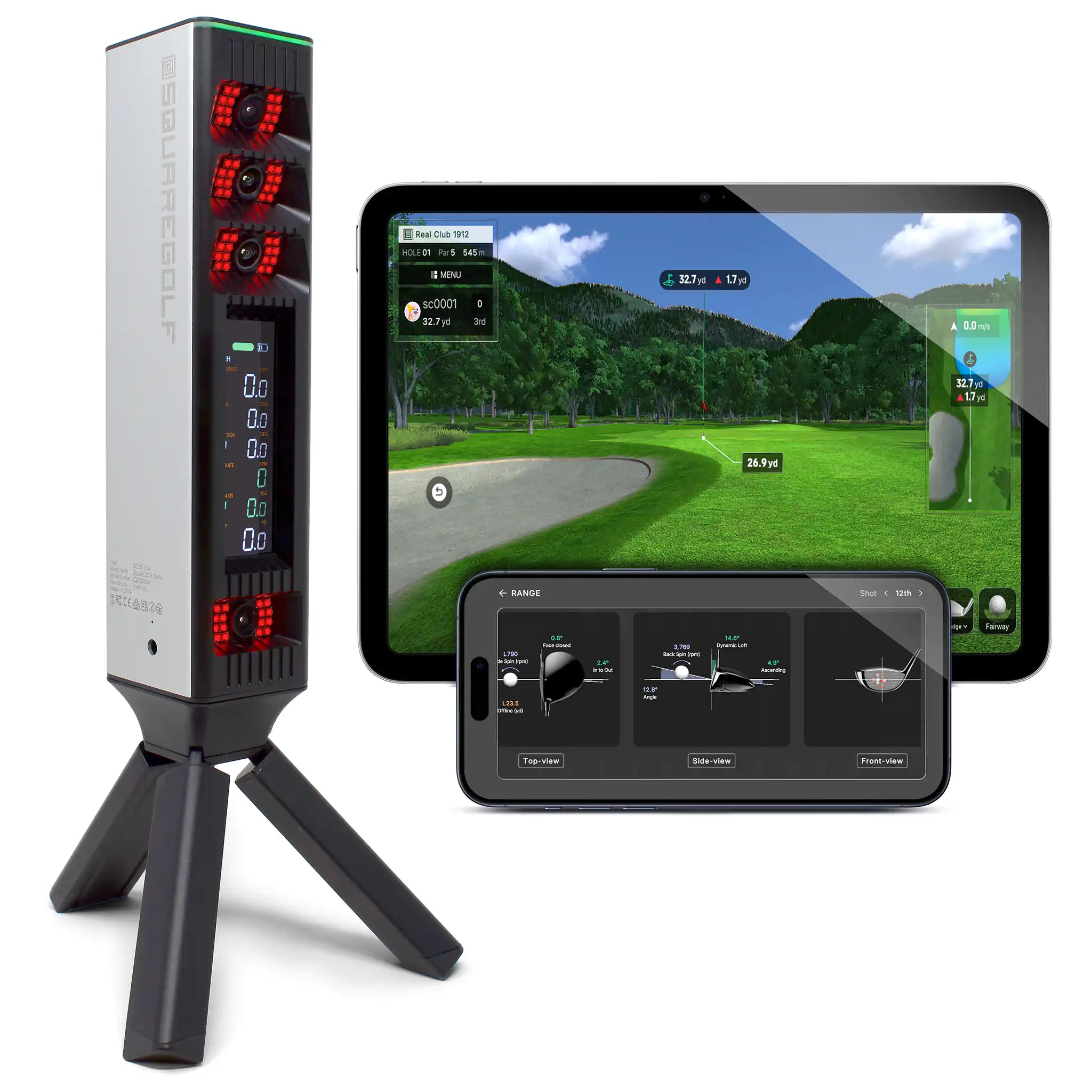 Square Golf Omni Launch Monitor with app screens