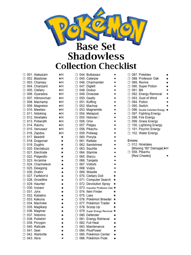 Pokémon Base Set Checklist | PDF | Pokémon
