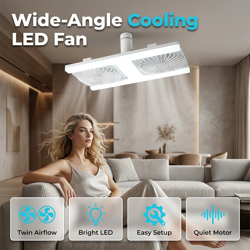 Plafondventilator met dubbele kop en LED-verlichting – modern design met afstandsbediening voor de woonkamer en de slaapkamer