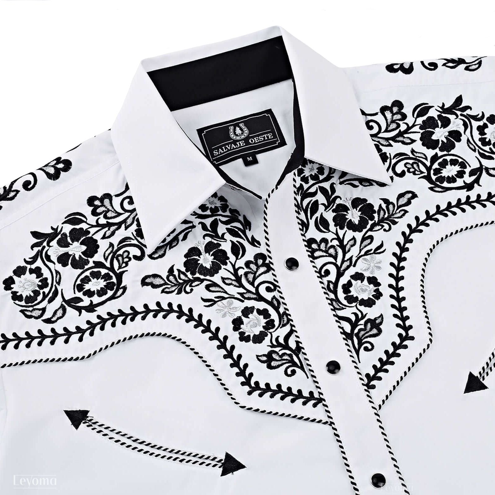 White floral embroidered men's western pearl snap shirt - front yoke embroidery close-up