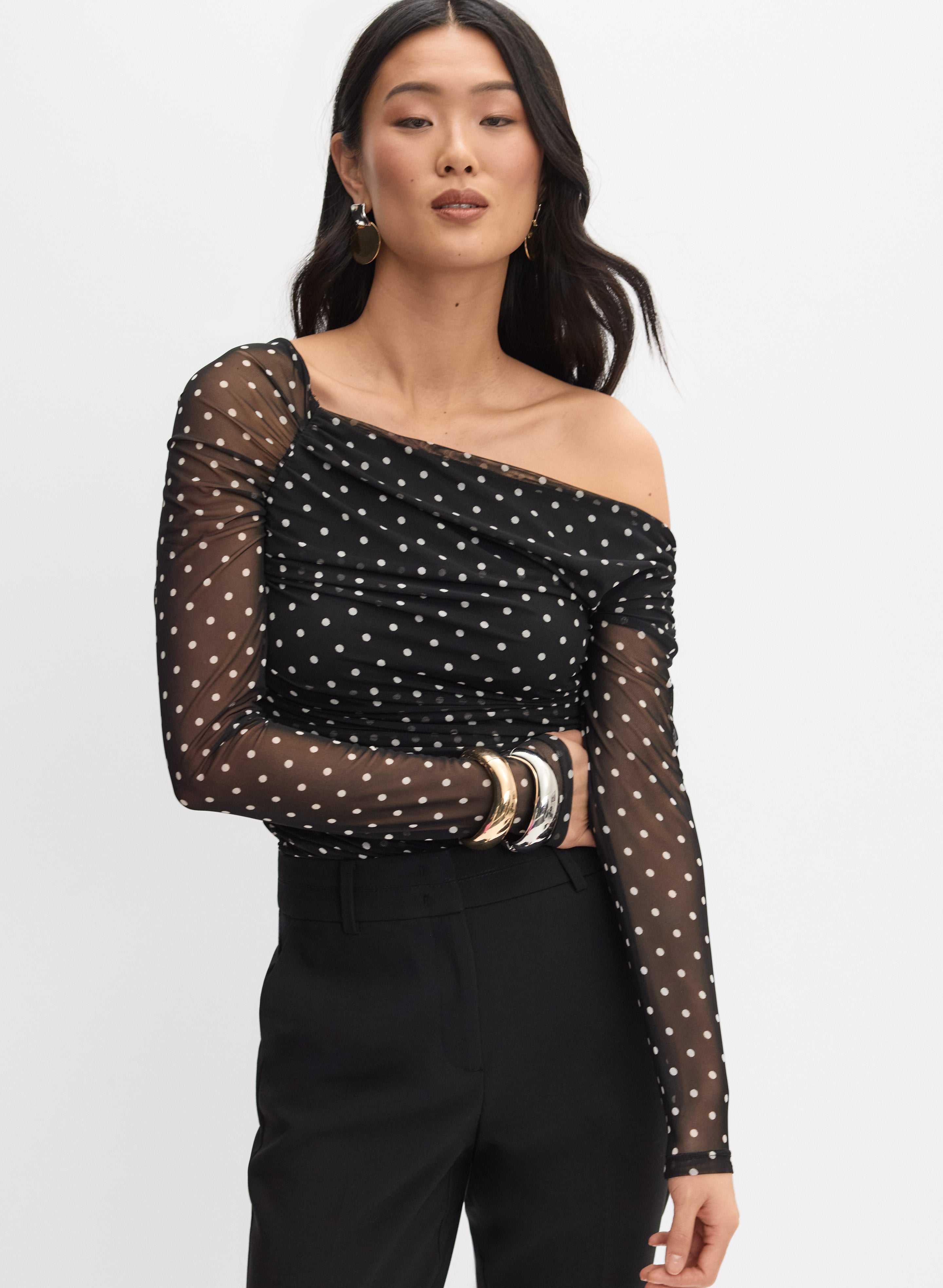 Asymmetric Polka Dot Top Black Pattern Front 1