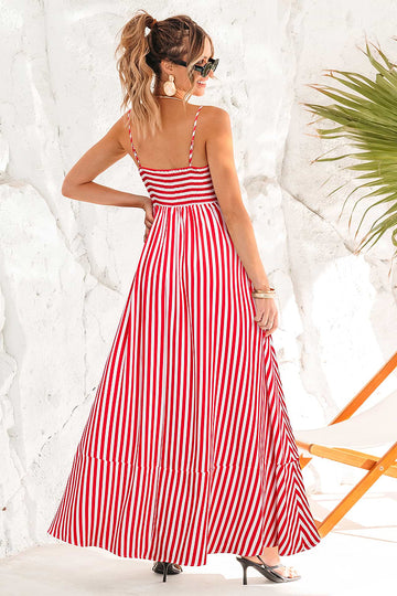 Red and White Striped Square Neck Maxi Dress for Vacation