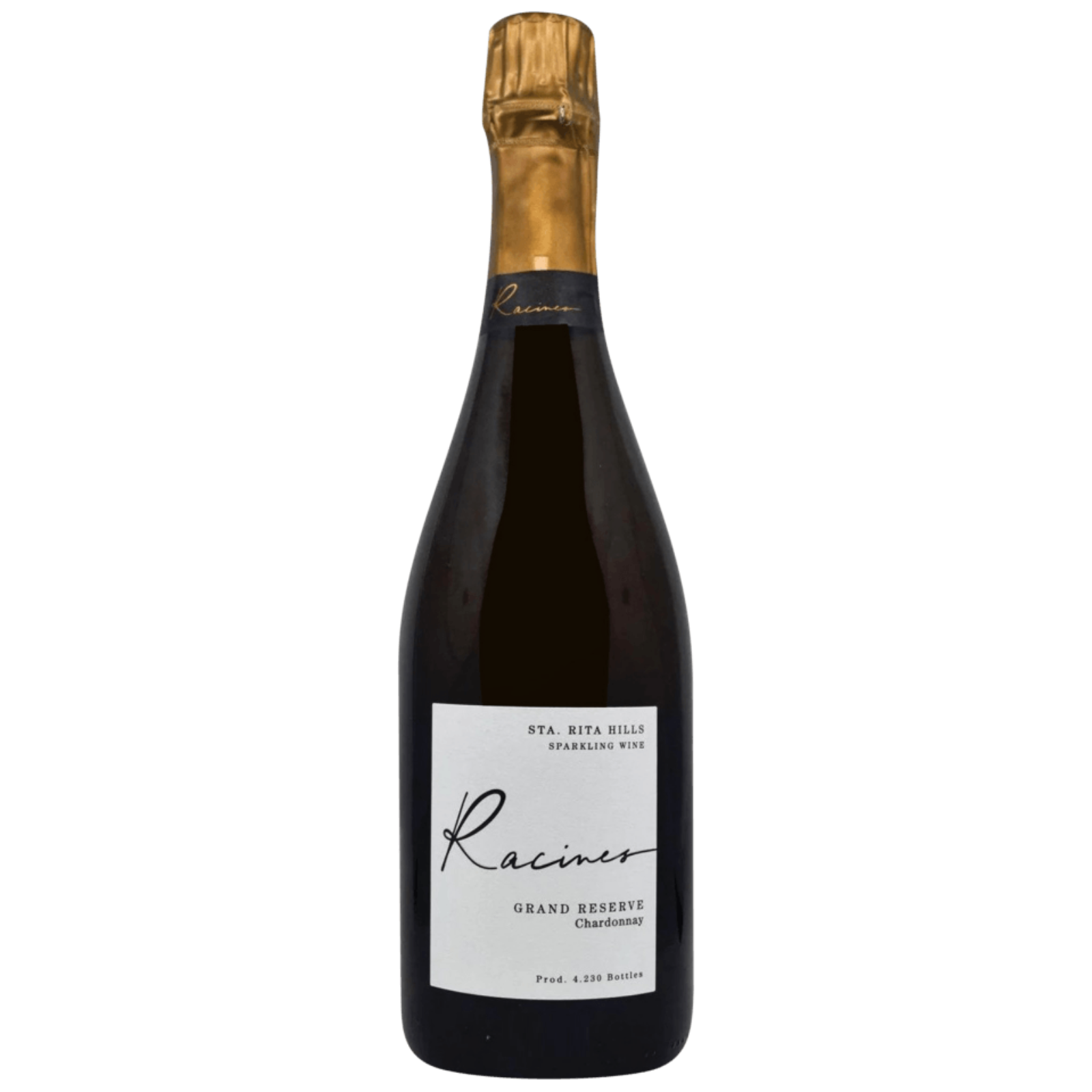 Bottle of Racines Grand Reserve Chardonnay 2018, a traditional-method sparkling wine from Sta. Rita Hills, USA.