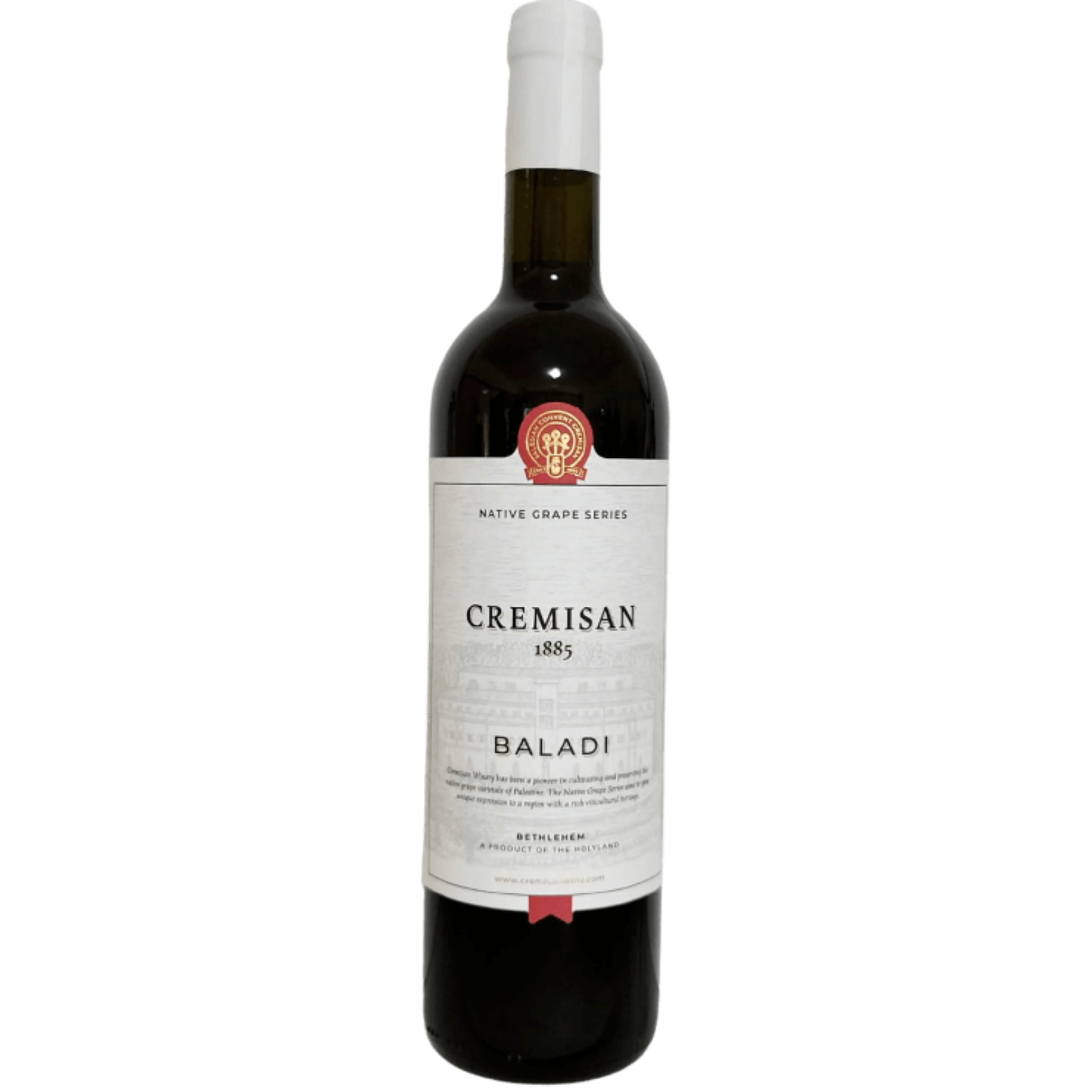 Bottle of Cremisan Baladi 2022, a Baladi red wine from Bethlehem.