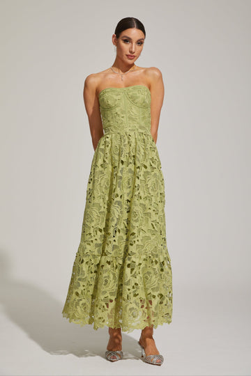 Selene Green Lace Strapless Maxi Dress