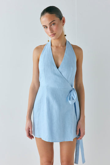Lo Linen Mini Dress Sky - size:MC:AU 6 / US 2