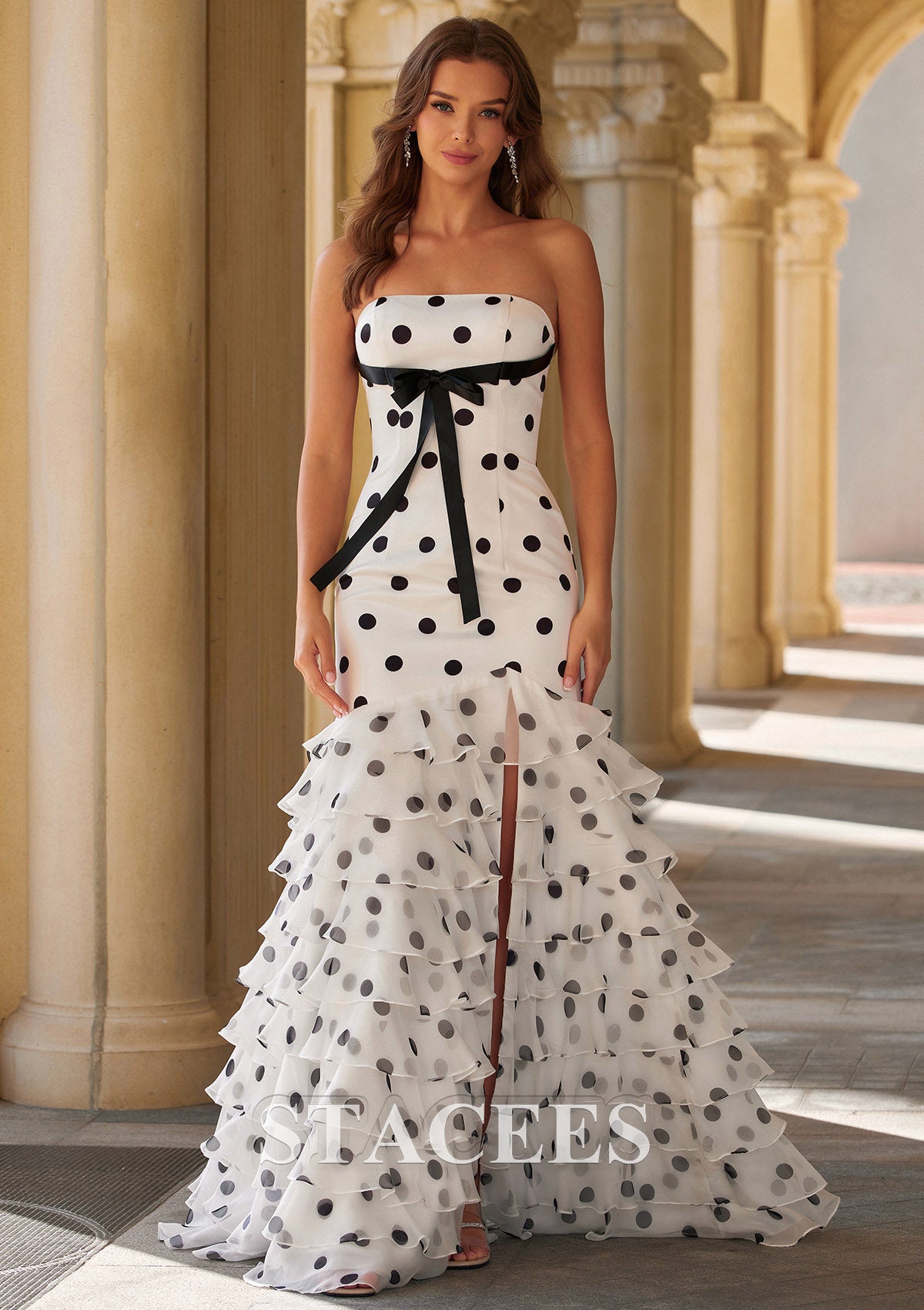 A-line White Black Polka Dot Strapless Prom Dress with Slit Chiffon Ruffle Skirt