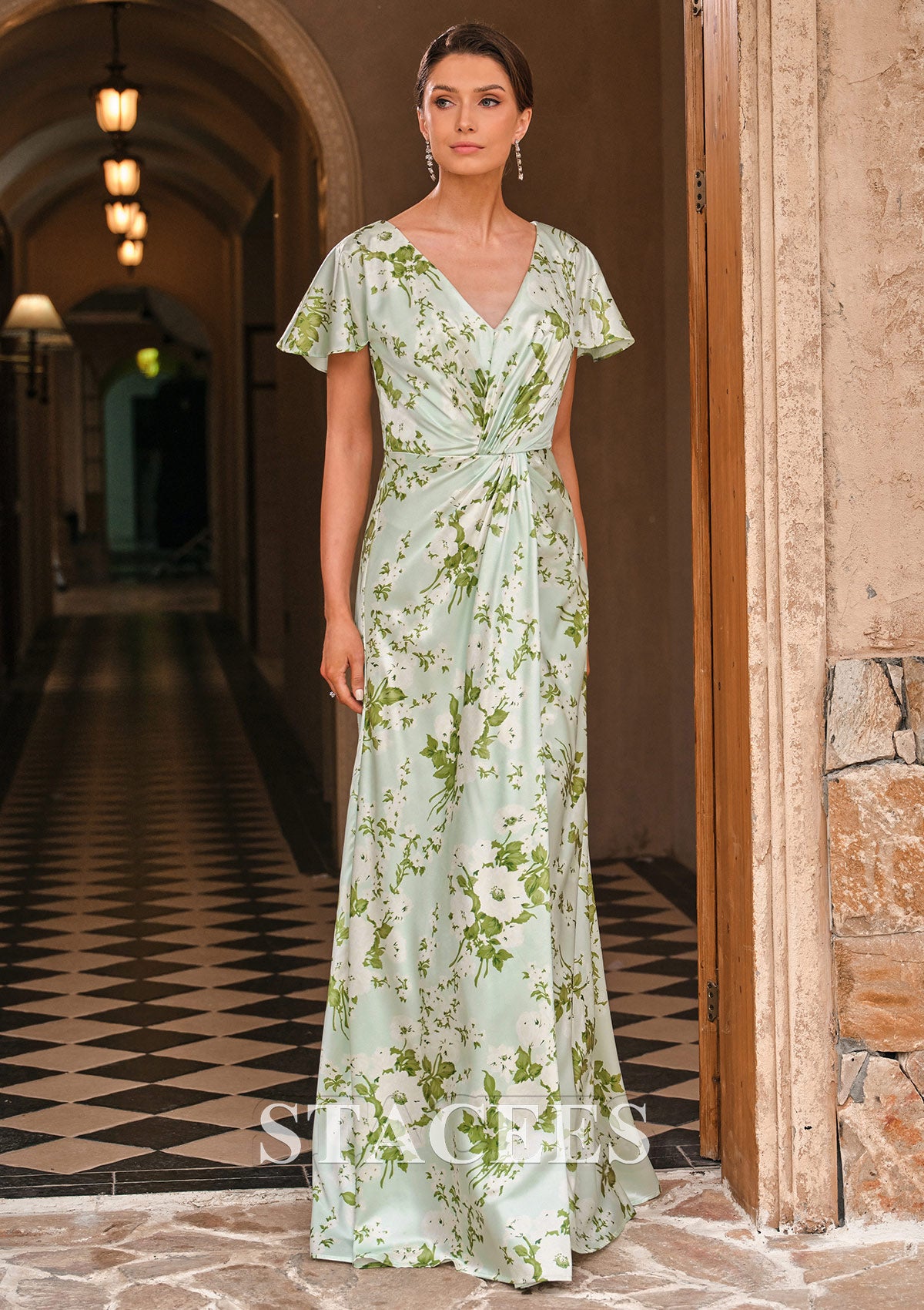 A-line Floral Print Stretch Satin Mother of the Bride Dress with Flutter Sleeves Pleats S5012M - Mother of the Bride Dresses