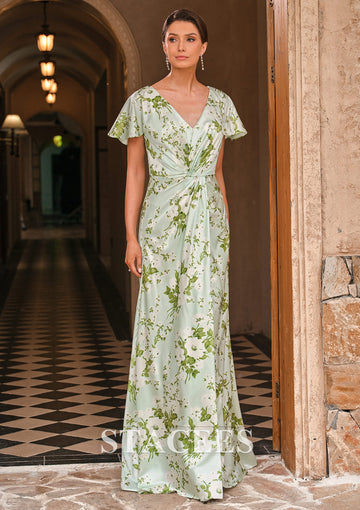 A-line Floral Print Stretch Satin Mother of the Bride Dress with Flutter Sleeves Pleats S5012M - Mother of the Bride Dresses