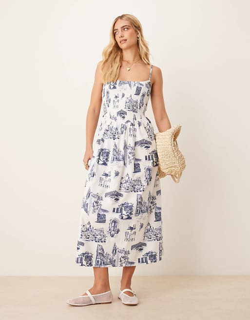 Abercrombie & Fitch dipped waist smocked poplin midi dress in blue and  white print
