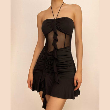 Mesh Halter Neck Ruffle Ruched Mini Dress
